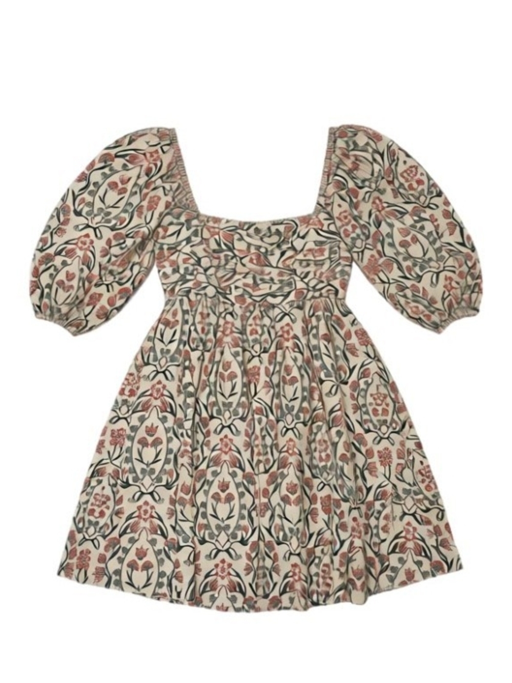 Abercrombie & Fitch Cream Floral Puff-Sleeve Dress with Pink and Green Motif